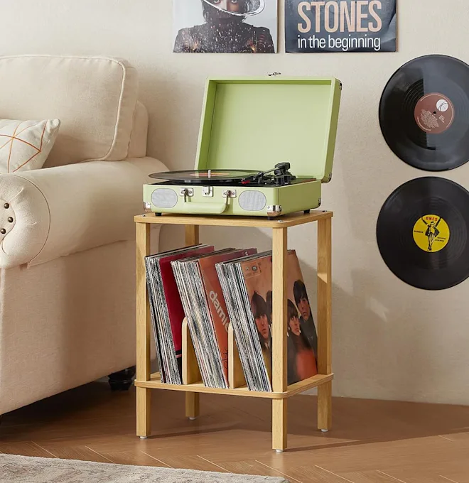 LELELINKY 2-Tier Bamboo Record Player Stand