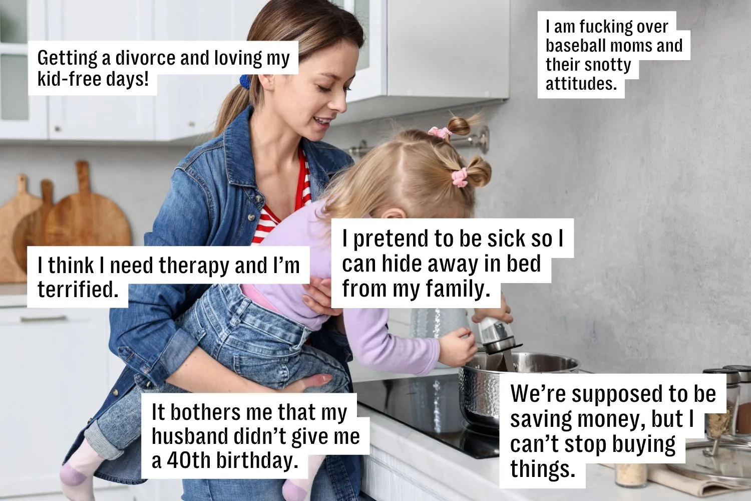 A woman holds a child in a kitchen, surrounded by text boxes expressing personal thoughts on topics ...