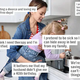 A woman holds a child in a kitchen, surrounded by text boxes expressing personal thoughts on topics ...