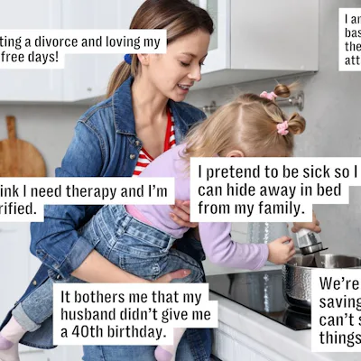 A woman holds a child in a kitchen, surrounded by text boxes expressing personal thoughts on topics like divorce, therapy, and financial habits.