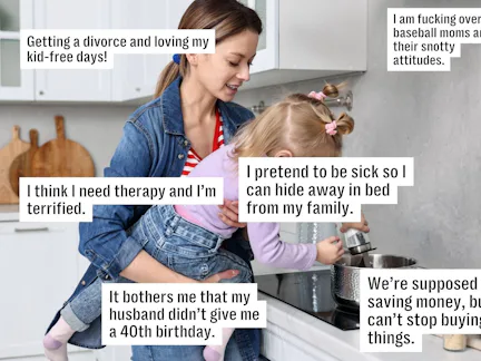 A woman holds a child in a kitchen, surrounded by text boxes expressing personal thoughts on topics ...