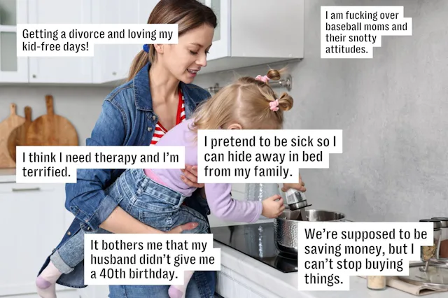 A woman holds a child in a kitchen, surrounded by text boxes expressing personal thoughts on topics ...