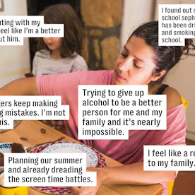 A woman sitting at a table looks pensive, accompanied by a child in the background. Text boxes expre...