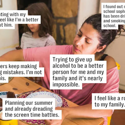 A woman sitting at a table looks pensive, accompanied by a child in the background. Text boxes express thoughts about parenting challenges.