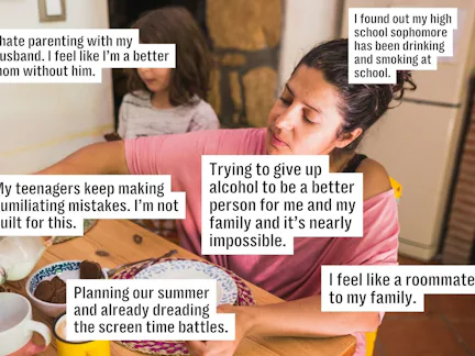 A woman sitting at a table looks pensive, accompanied by a child in the background. Text boxes expre...