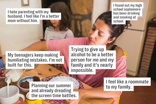 A woman sitting at a table looks pensive, accompanied by a child in the background. Text boxes expre...