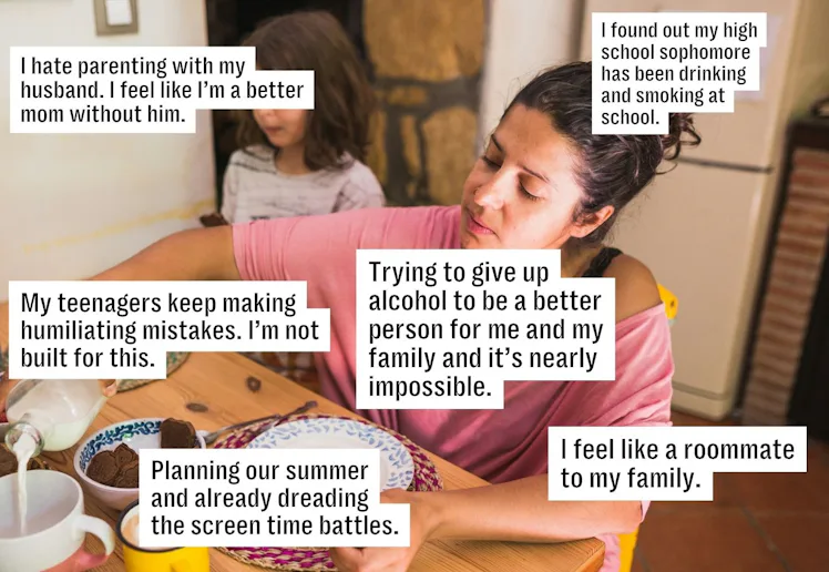 A woman sitting at a table looks pensive, accompanied by a child in the background. Text boxes expre...