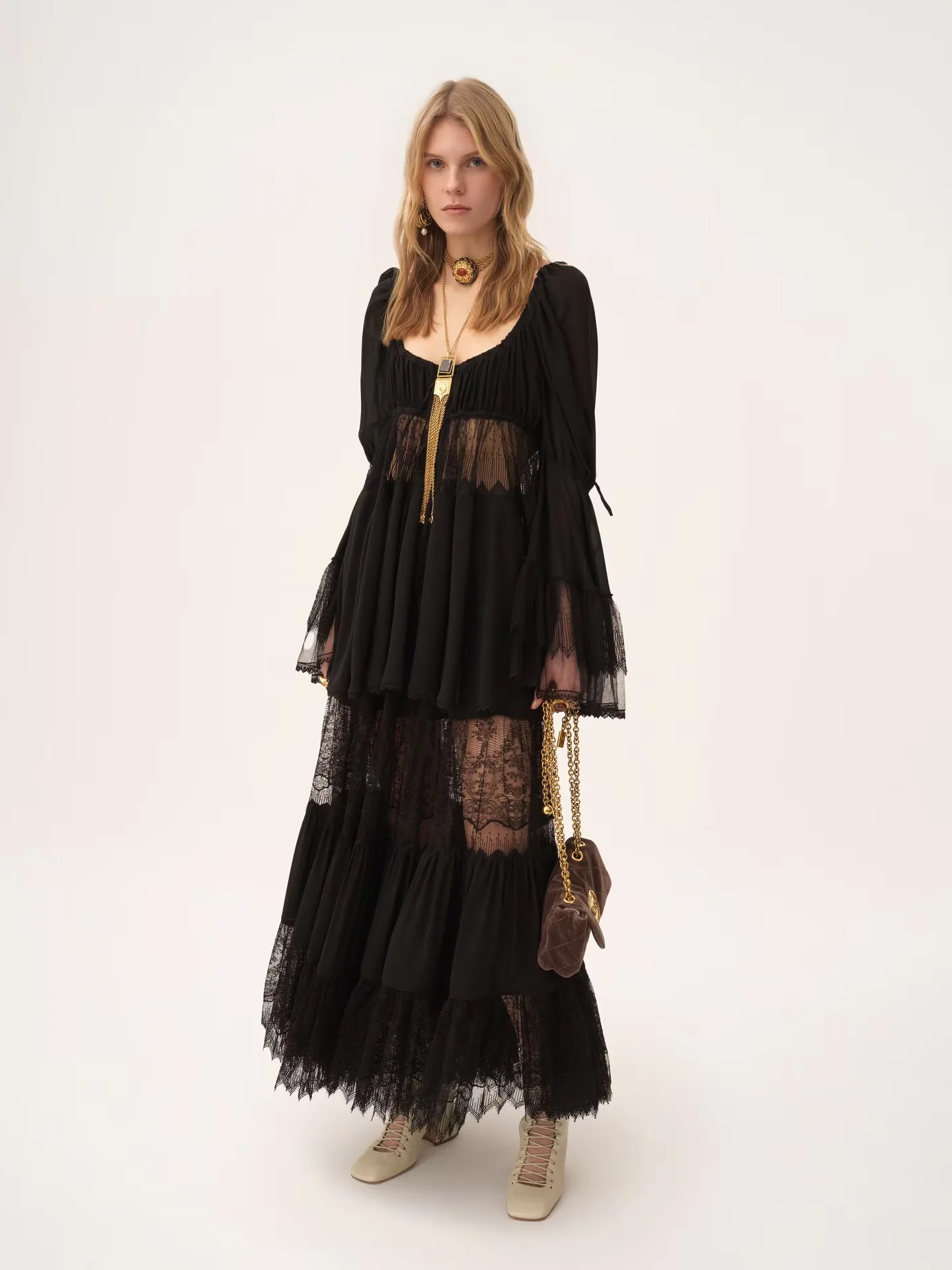 Puff-Sleeve Top In Silk Georgette & Lace