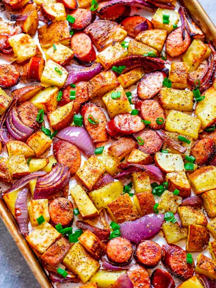 sausage and vegetables on a sheet pan, in a story about 5-ingredient recipes.