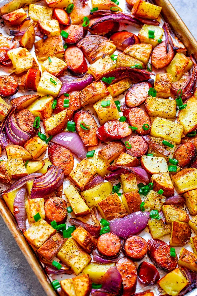 sausage and vegetables on a sheet pan, in a story about 5-ingredient recipes.