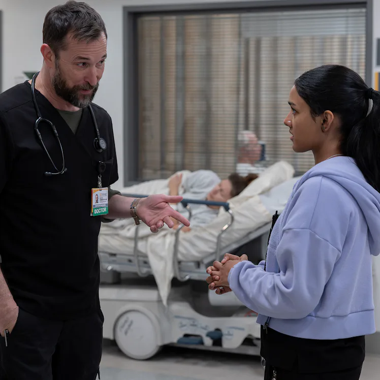 Noah Wyle and Shabana Azeez in The Pitt. Photo via HBO Max