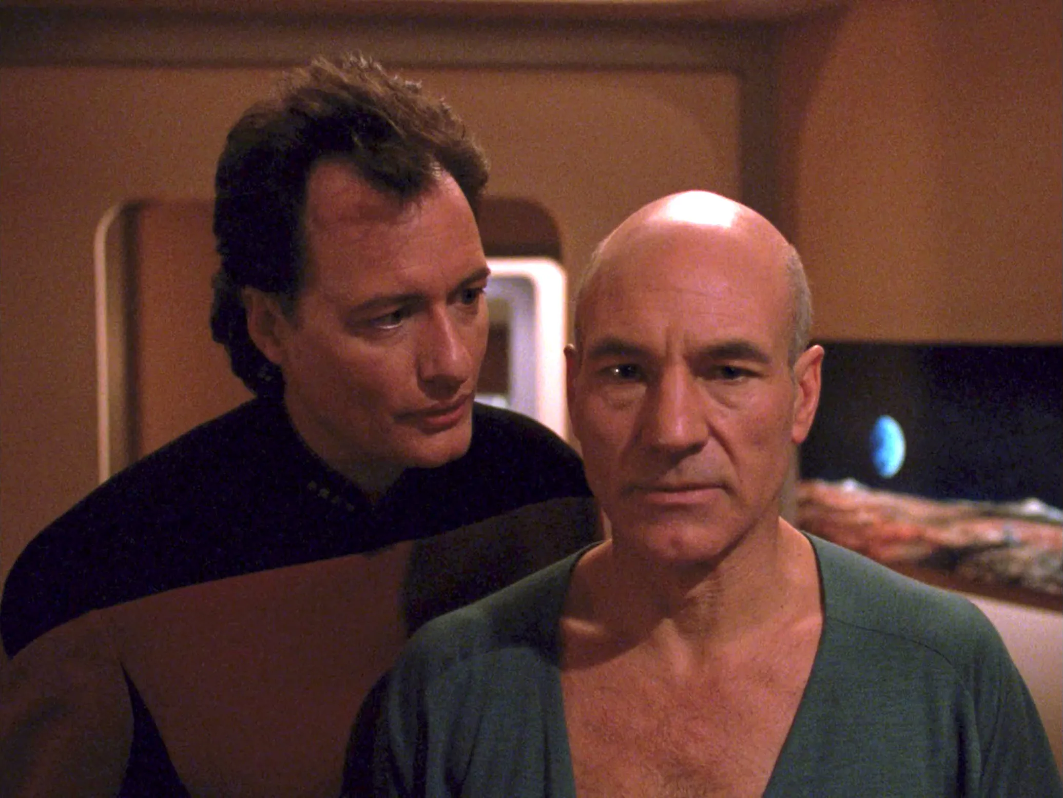 John de Lancie as Q and Patrick Stewart as Picard in "Qpid."