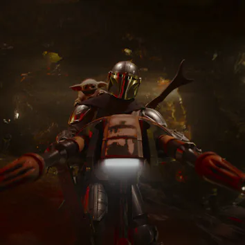 Grogu and Din Djarin (Pedro Pascal) in The Mandalorian and Grogu