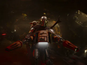 Grogu and Din Djarin (Pedro Pascal) in The Mandalorian and Grogu