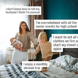 A woman holds a baby while a child jumps on a bed, with various personal confessions in text bubbles...