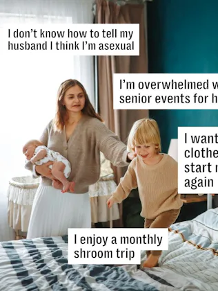 A woman holds a baby while a child jumps on a bed, with various personal confessions in text bubbles...