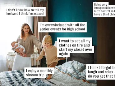A woman holds a baby while a child jumps on a bed, with various personal confessions in text bubbles...