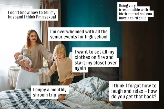 A woman holds a baby while a child jumps on a bed, with various personal confessions in text bubbles...