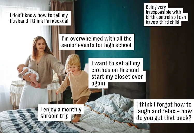 A woman holds a baby while a child jumps on a bed, with various personal confessions in text bubbles...