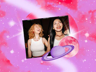 Two besties laughing after reading their May 2026 horoscope.