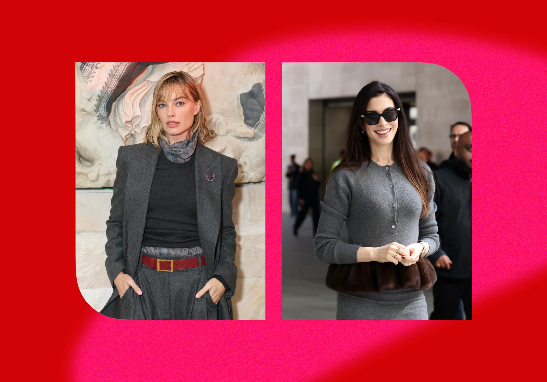 Margot Robbie and Anne Hathaway wearing groutfits in April 2026.