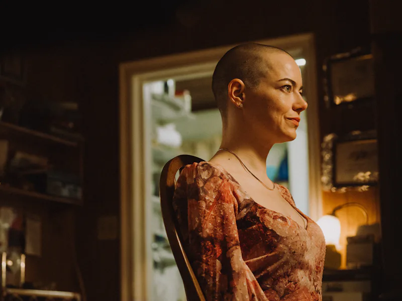 Emma Stone rocks the bald look in Yorgos Lanthimos' Bugonia.