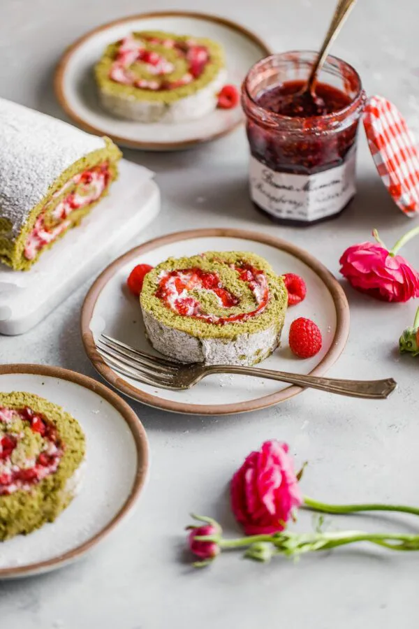 Raspberry Matcha Roll Cake, in a story about mother's day dessert ideas
