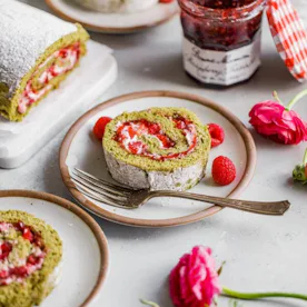Raspberry Matcha Roll Cake, in a story about mother's day dessert ideas
