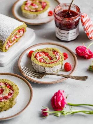 Raspberry Matcha Roll Cake, in a story about mother's day dessert ideas