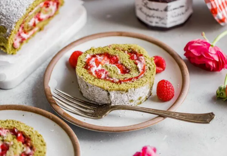 Raspberry Matcha Roll Cake, in a story about mother's day dessert ideas