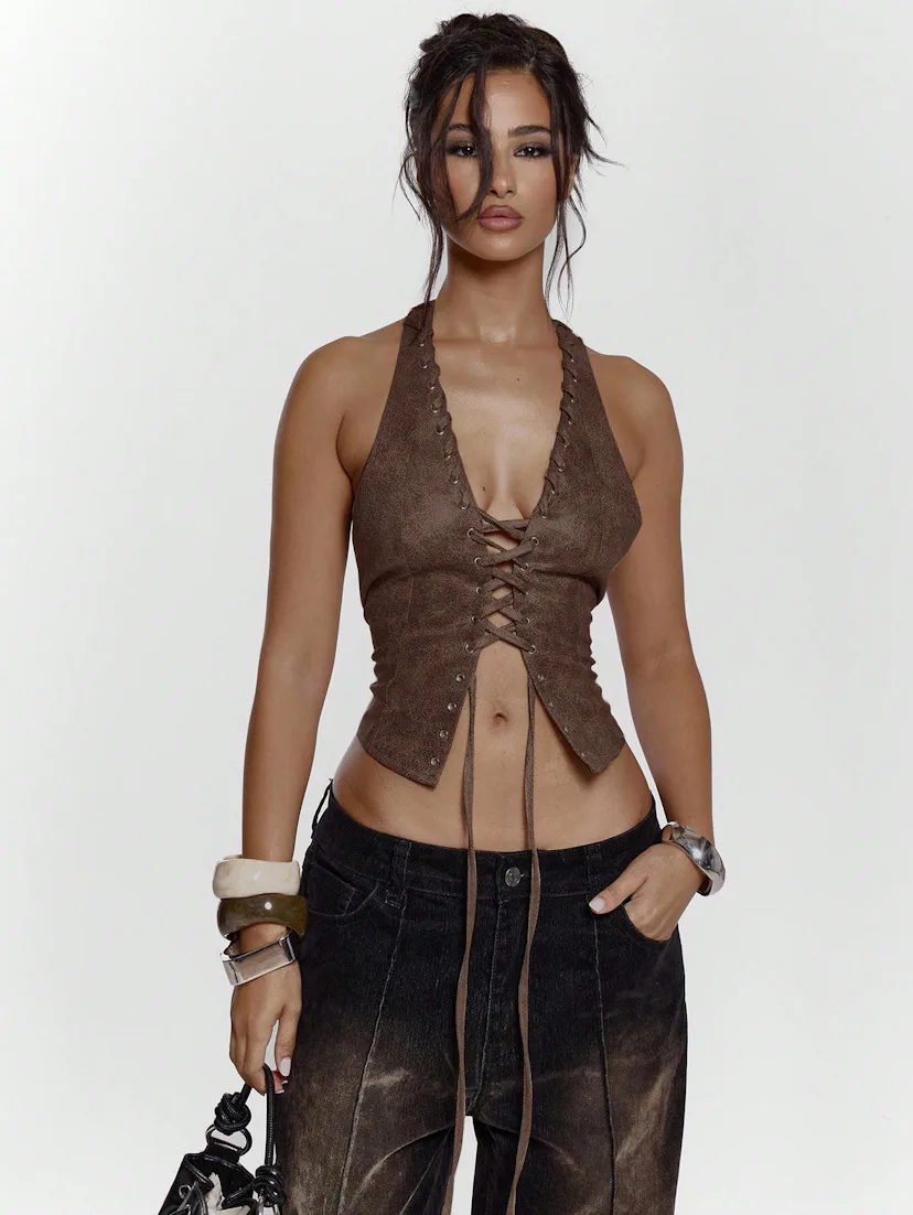 Faux Leather Lace Up Halter Top