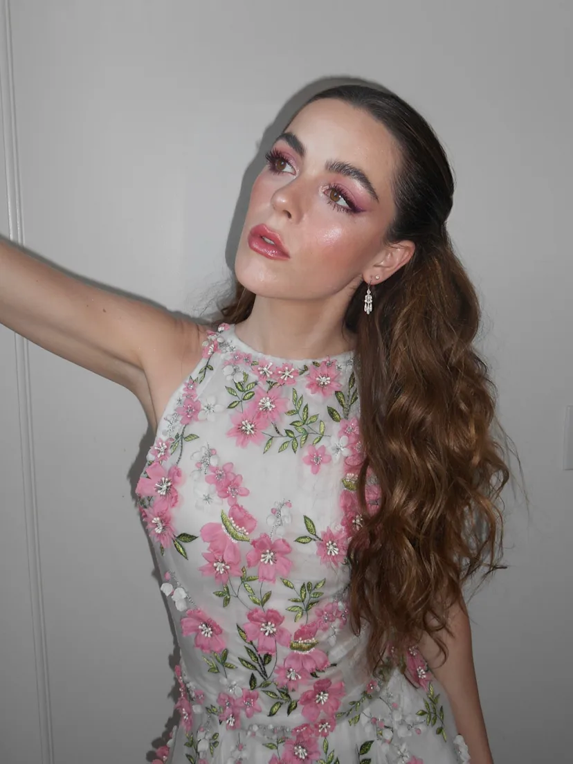 Kiernan Shipka with glossy posy pink makeup