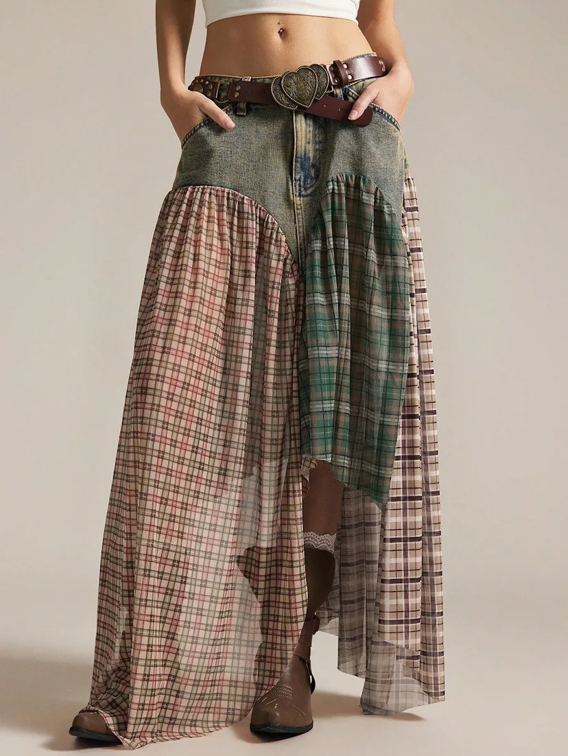 Plaid Asymmetric Patchwork Denim Skirt