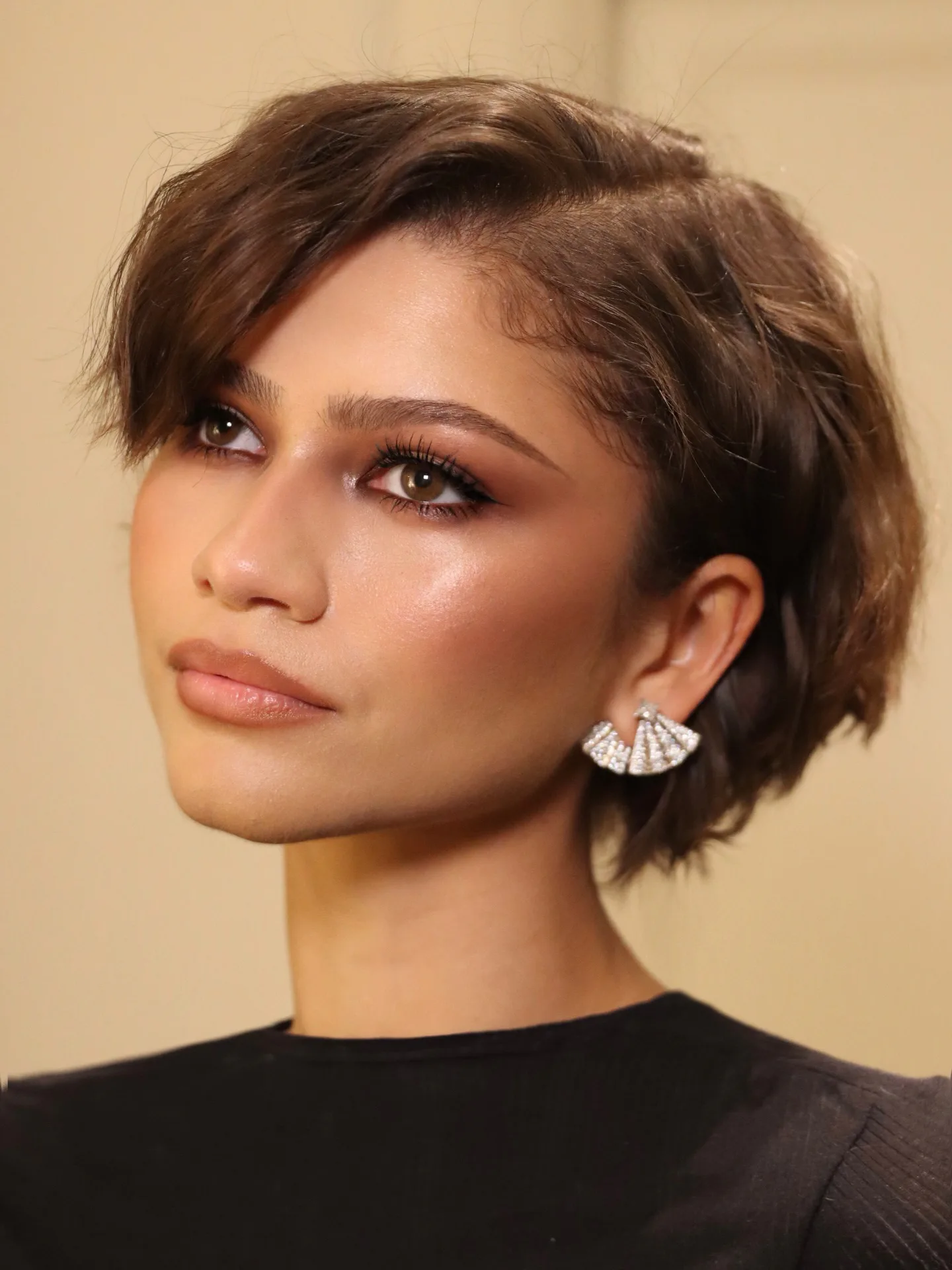 Zendaya with rosy-brown makeup on her eyes and cheeks