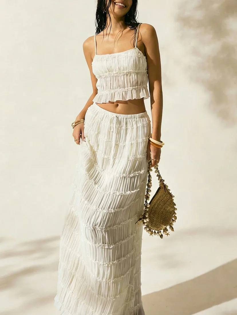 Shirred Open-Back Top & Skirt Set