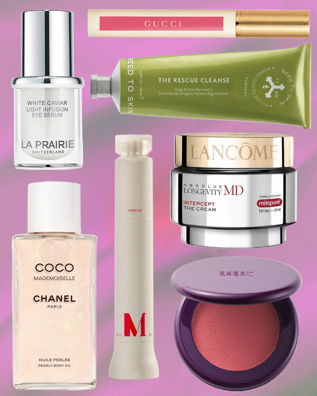 a collage of new beauty products from gucci and lancome and more that launched this month