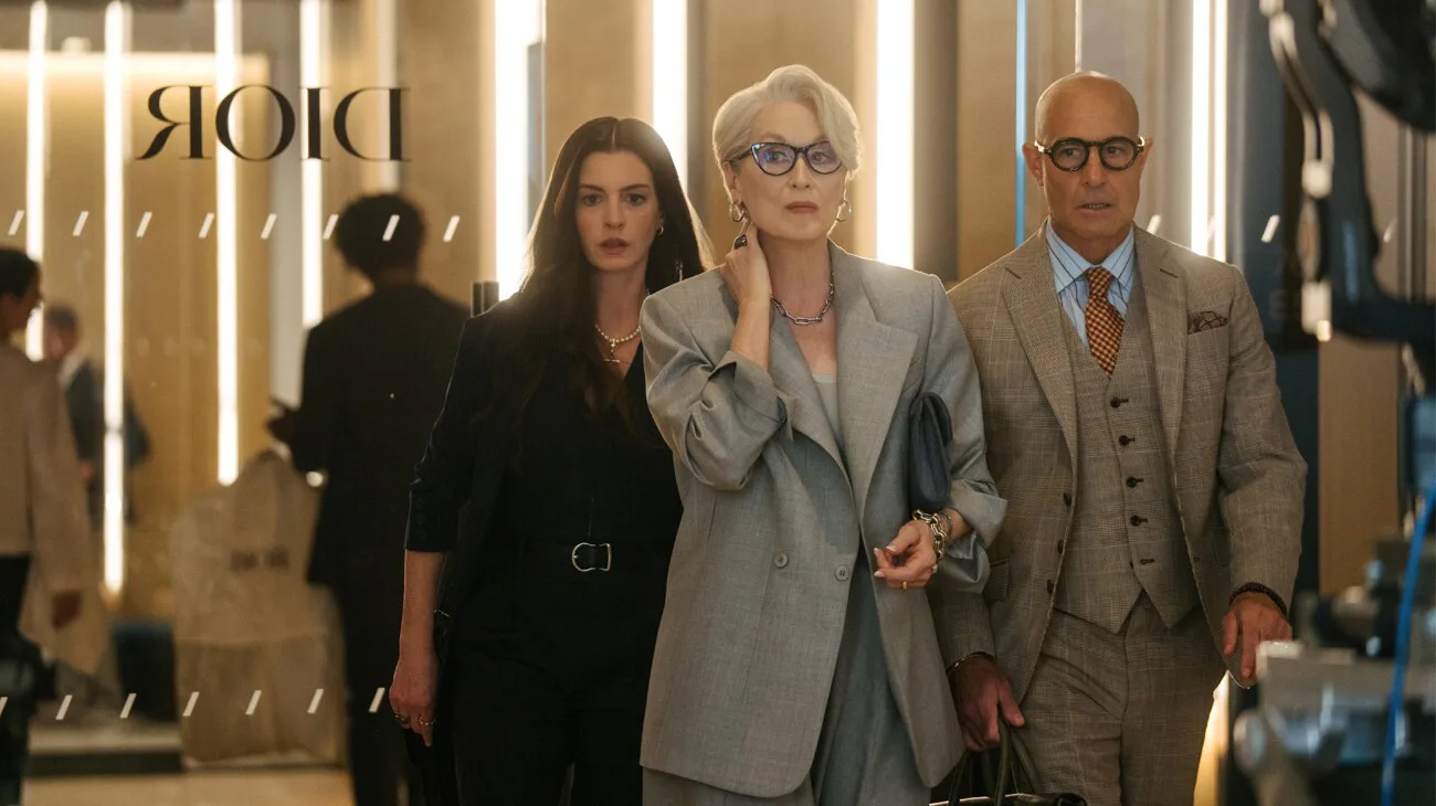 Anne Hathaway, Meryl Streep, and Stanley Tucci in The Devil Wears Prada 2. Photo via 20th Century St...
