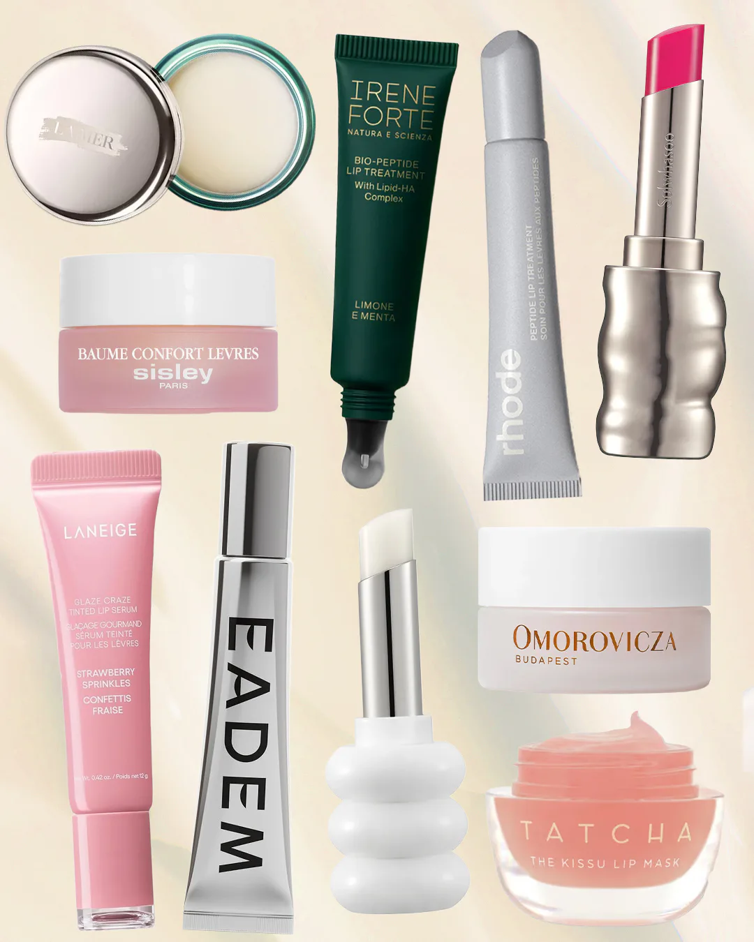 a collage of lip balms and lip treatments