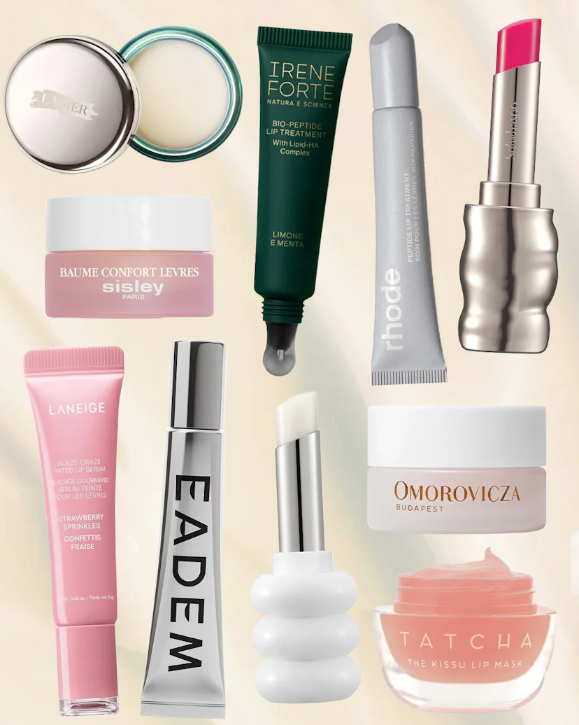 a collage of lip balms and lip treatments