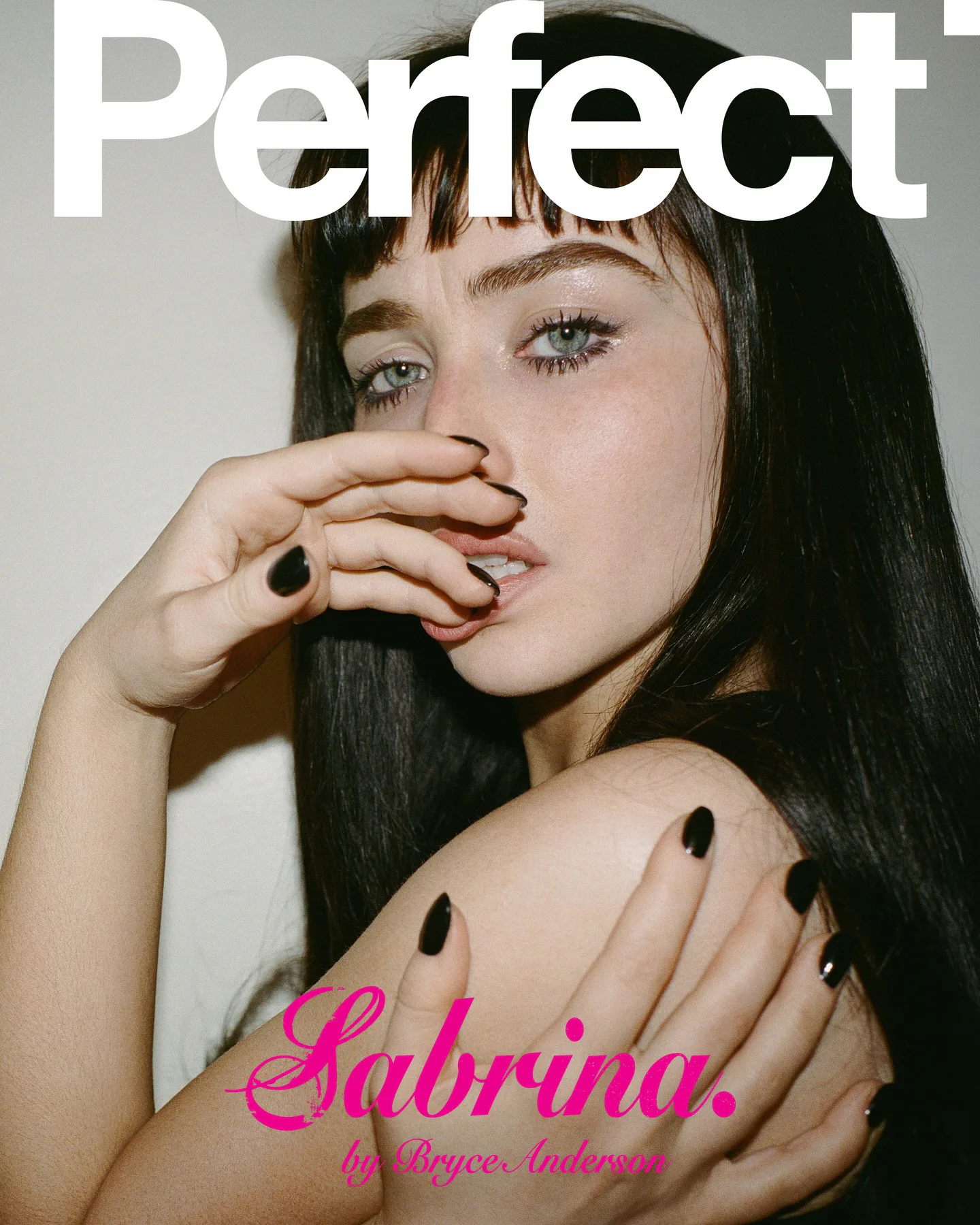 Sabrina Carpenter with black hair on the cover of Perfect magazine