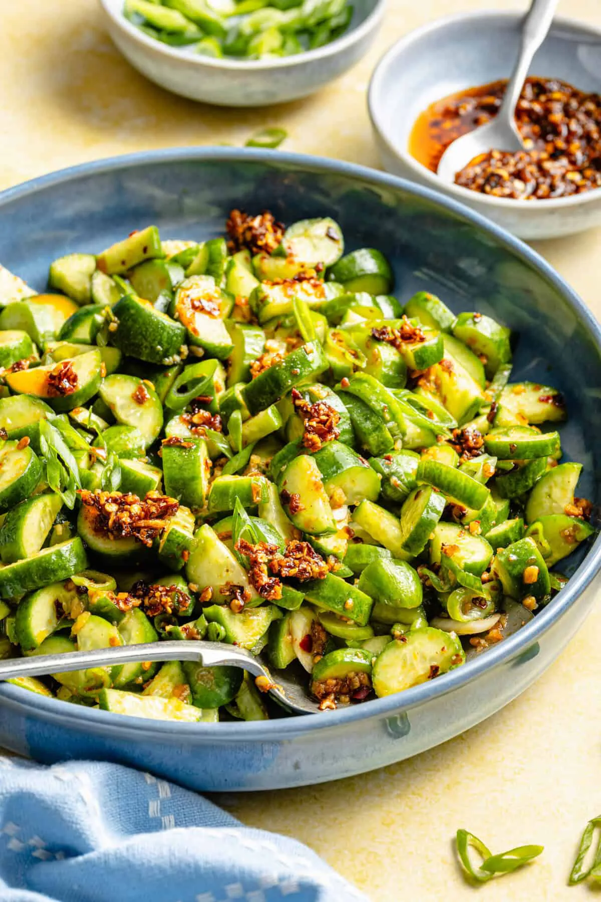spicy cucumber salad in a bowl, an easy vegetable side dish