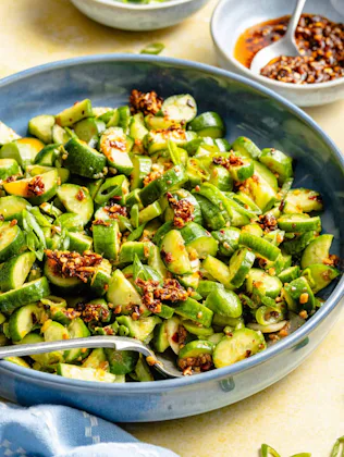 spicy cucumber salad in a bowl, an easy vegetable side dish