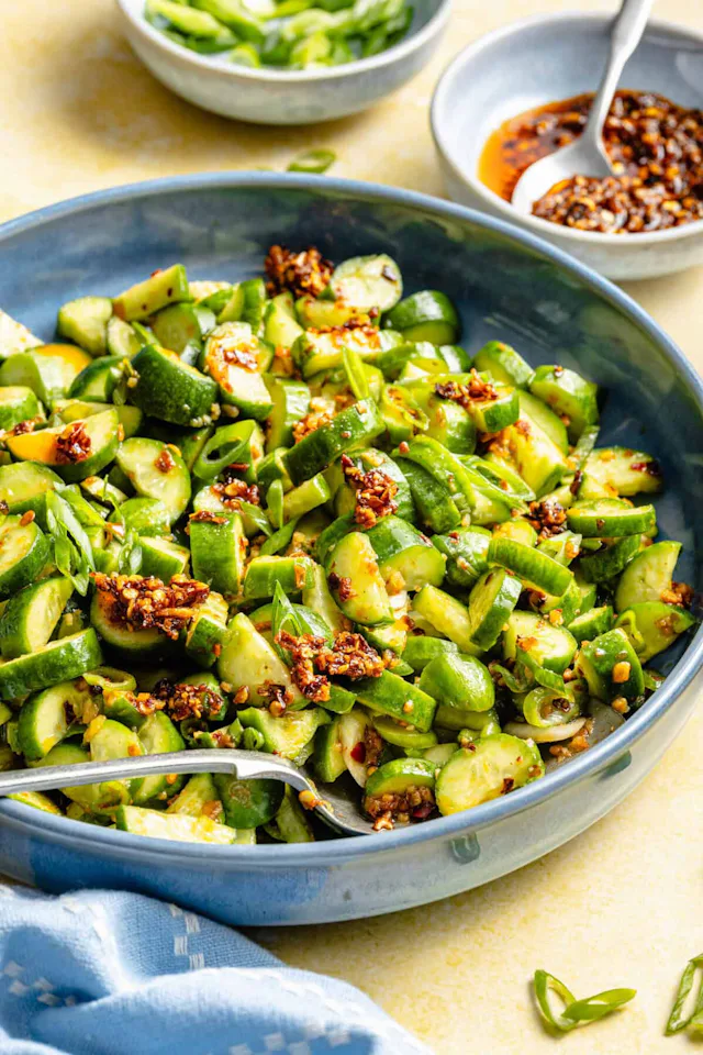 spicy cucumber salad in a bowl, an easy vegetable side dish