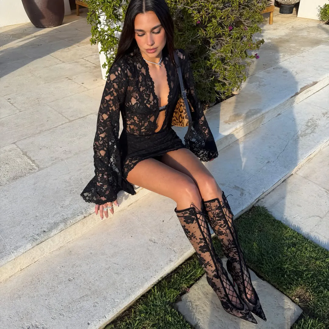 black lace dress gold accessories Black Strapless Gold Chain Lace Up Slit Gown Small