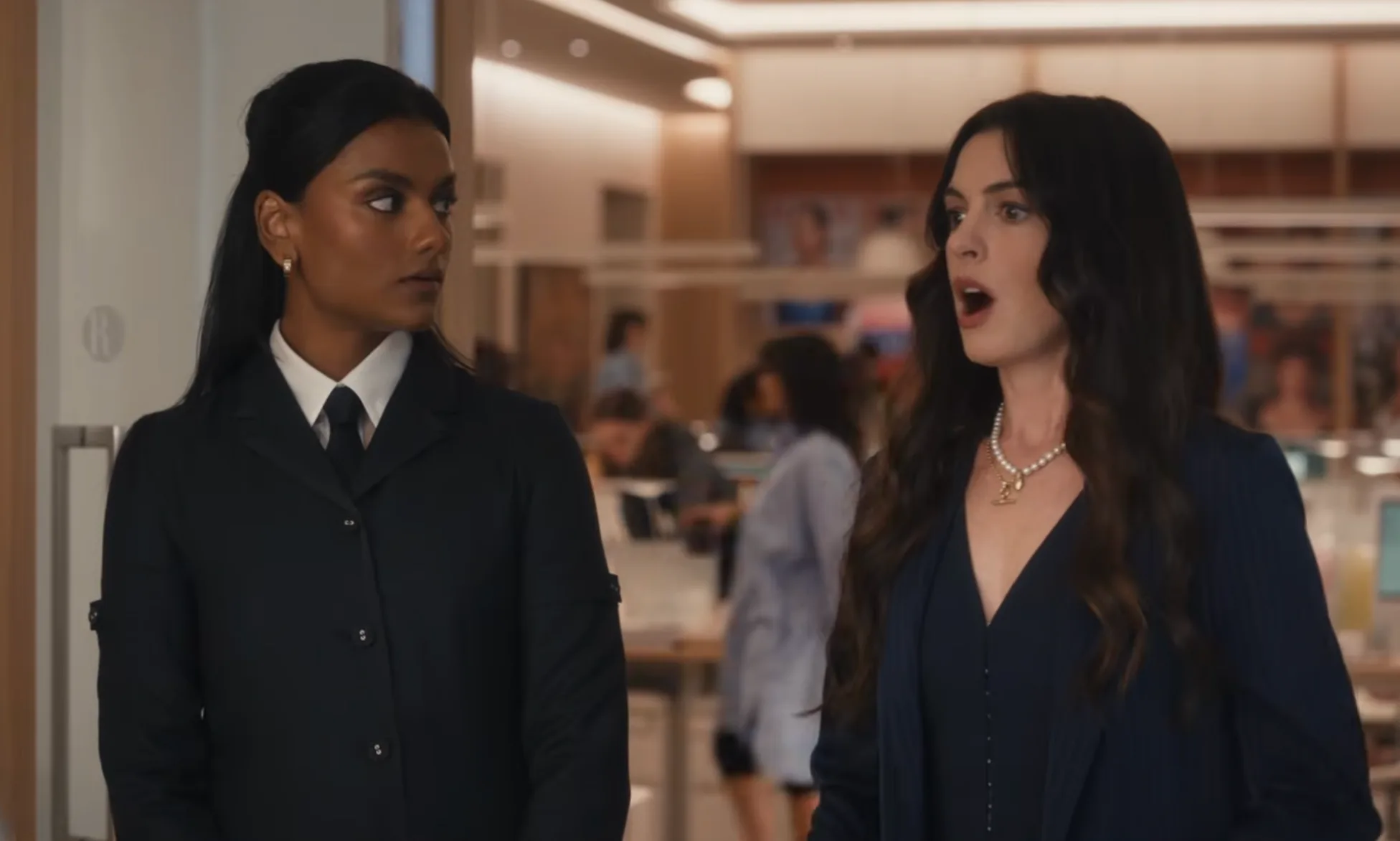 Simone Ashley and Anne Hathaway in The Devil Wears Prada 2. Screenshot via 20th Century Studios YouT...