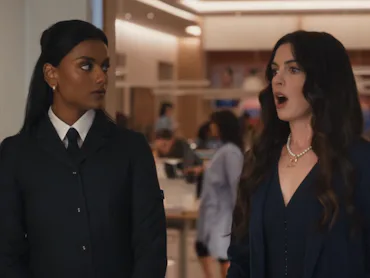 Simone Ashley and Anne Hathaway in The Devil Wears Prada 2. Screenshot via 20th Century Studios YouT...