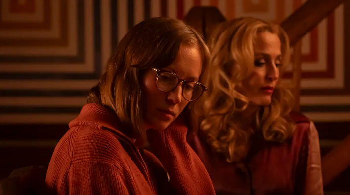 Hannah Einbinder and Gillian Anderson in Teenage Sex and Death at Camp Miasma