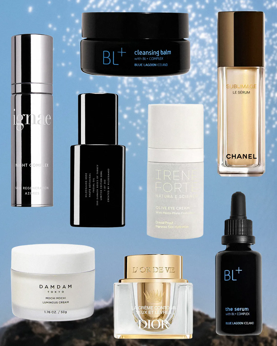 A collage of beauty products powered by hyper-local super ingredients