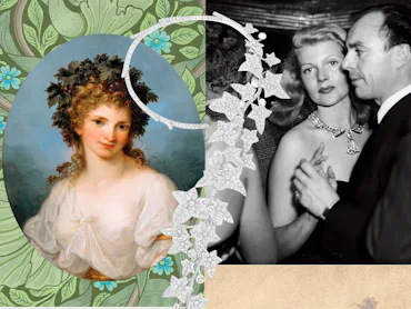 Boucheron Untamed necklace surrounded by archival images.
