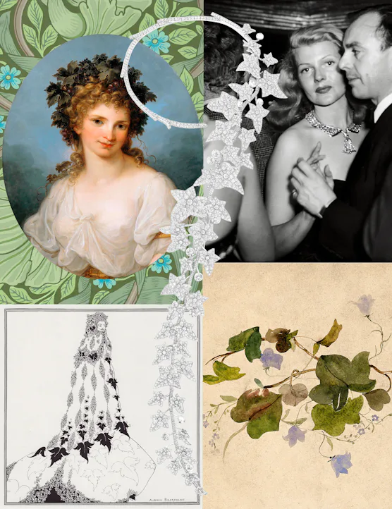 Boucheron Untamed necklace surrounded by archival images.